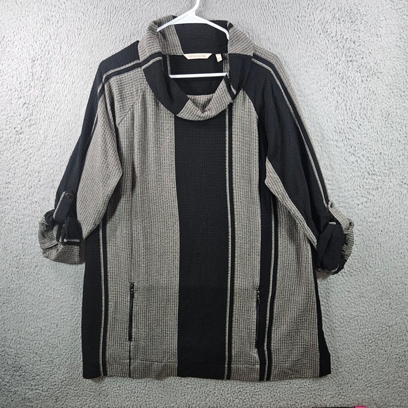Soft Surroundings Tops - Soft Surroundings Black Gray Striped Tunic Top Women's Large‎ Roll Tab Sleeve